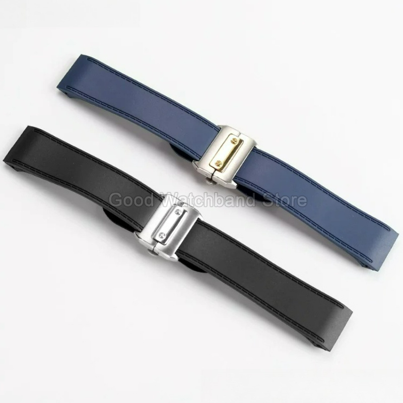 Cartier Watch Santos - ブラックブルー高品質ラバー製時計ストラップ 23 25mm フラットインターフェース カルティエ サントス