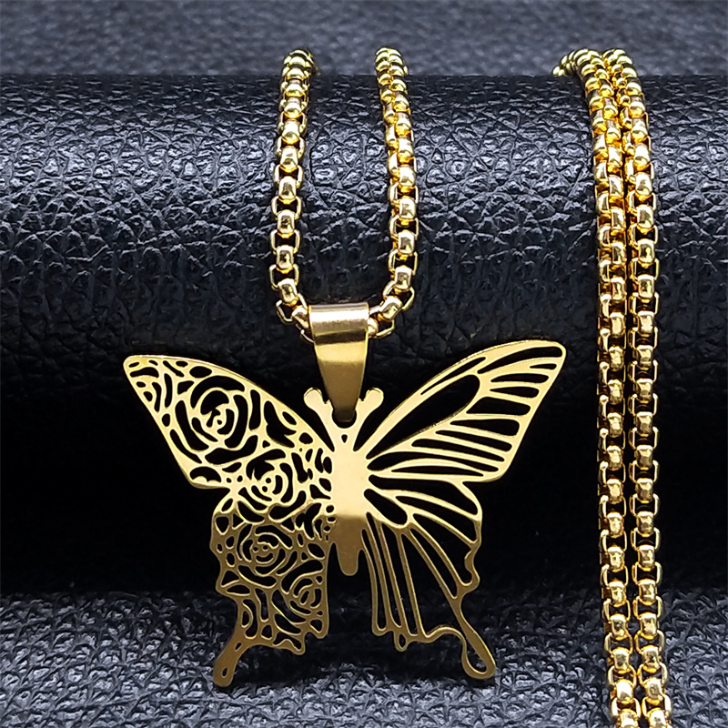 Butterfly Clasp Deployant - 美的バタフライローズフラワーペンダントネックレスステンレス鋼ゴールドカラー中空フライングウィングチェーンジュエリーコルガンテス N6121S01