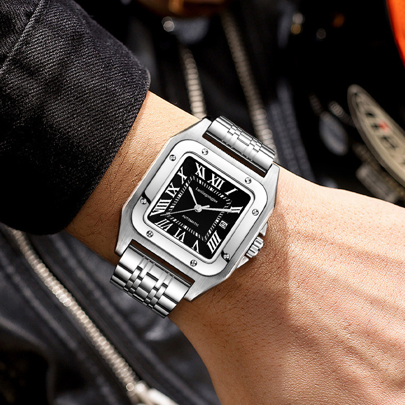 Cartier Watch Tank - 男性用の高級高級スクエア自動機械式時計、中空バタフライクラスプ付き、ファッショナブルなビジネスカジュアル多用途スタイリッシュなメンズ腕時計、さまざまな機会に着用でき、バレンタインデーに彼氏への贈り物に最適です。