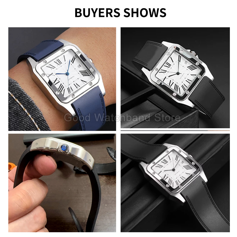 ブラックブルー高品質ラバー製時計ストラップ 23 25mm  - Cartier Watch Santos のレビューと価格