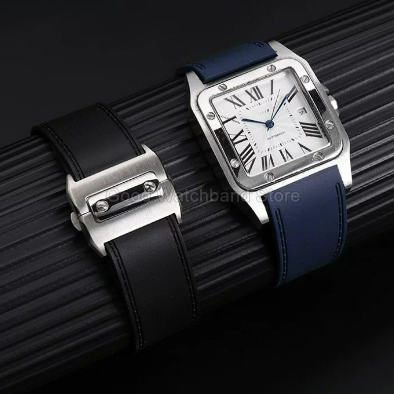 ブラックブルー高品質ラバー製時計ストラップ 23 25mm  - Cartier Watch Santos のレビューと価格