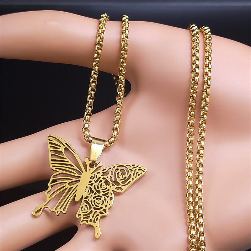 美的バタフライローズフラワーペンダントネックレスステンレス鋼 - Butterfly Clasp Deployant のレビューと価格